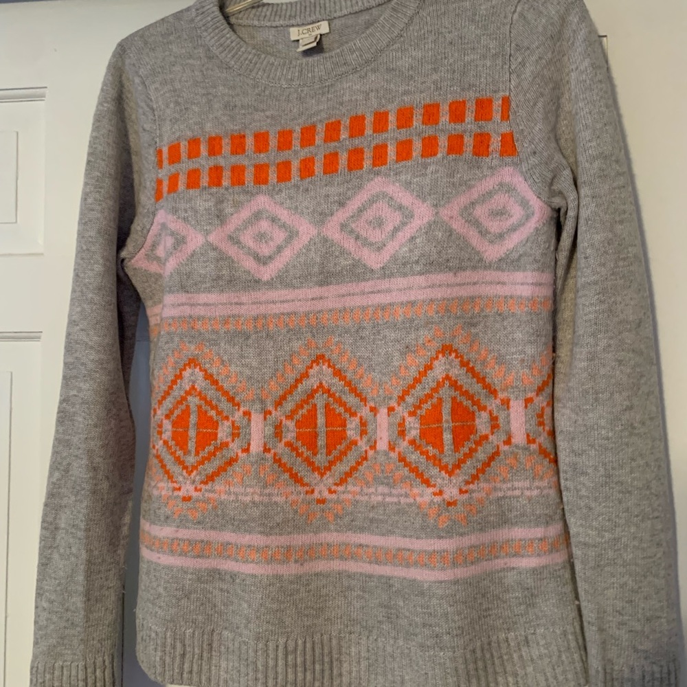 J Crew women’s gray sweater with pink and orange design size S